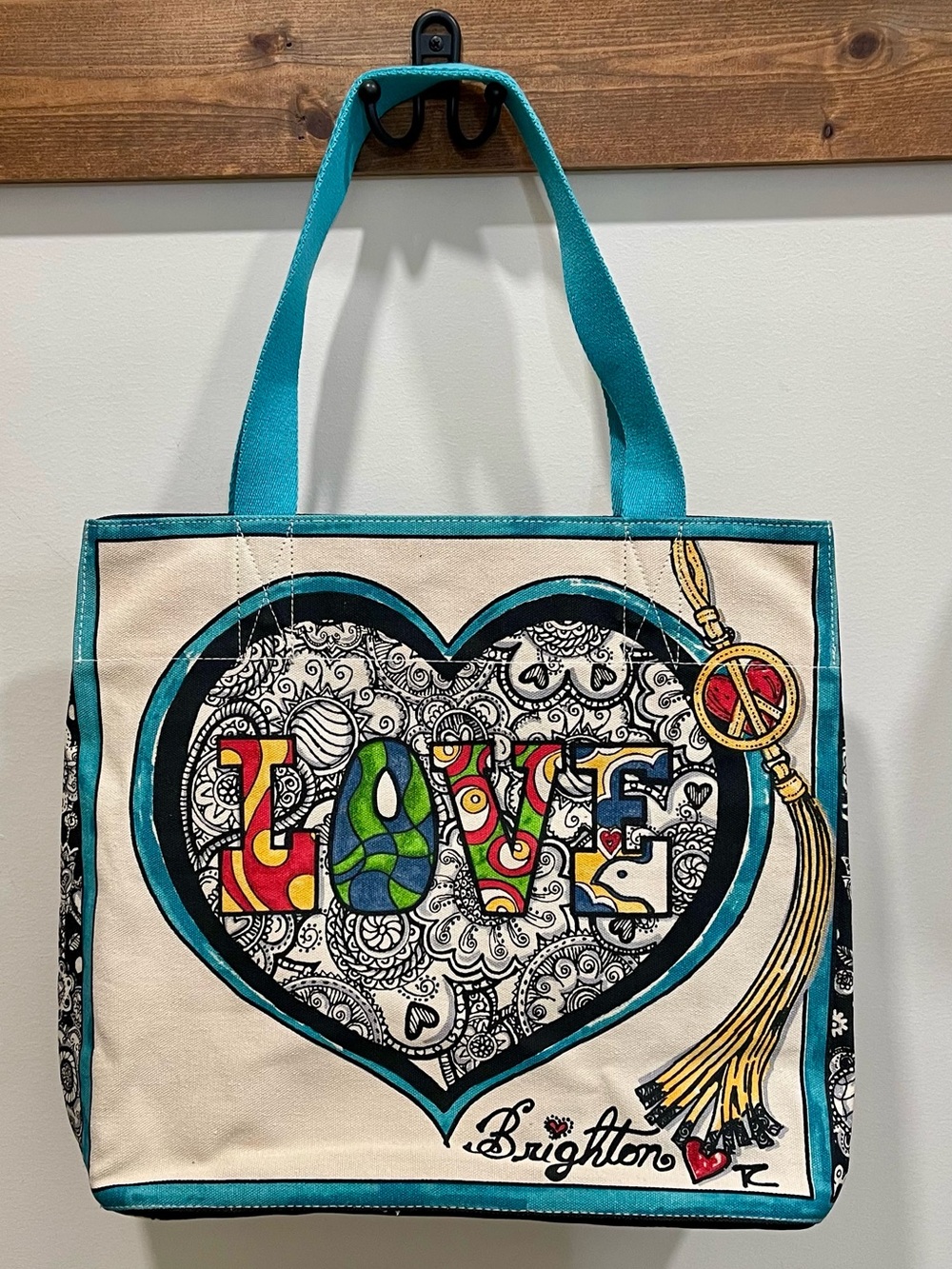 Brighton Multicolor 'LOVE' Heart Canvas Tote with Teal Trim